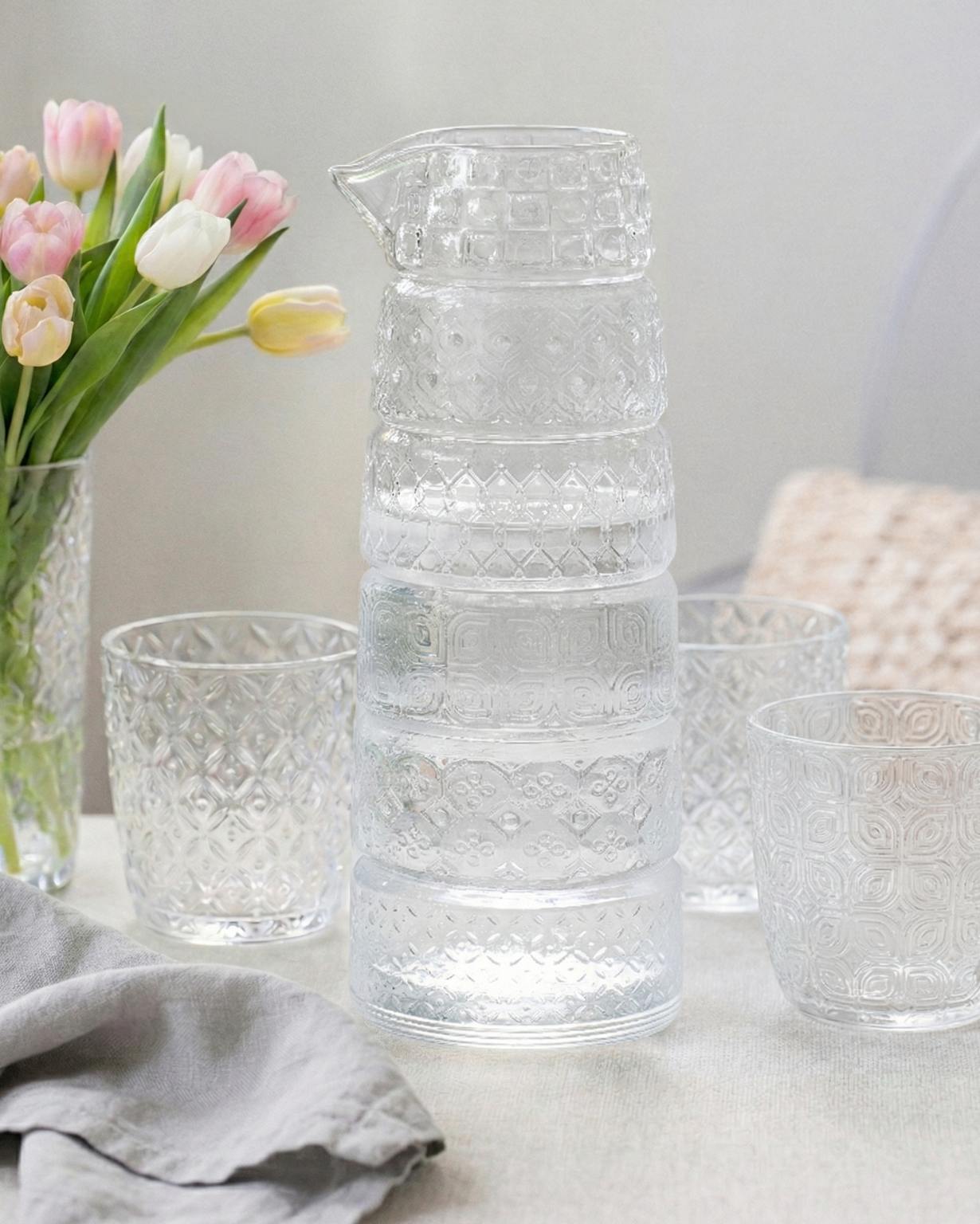 Set 6 glazen + kan Textures Clear