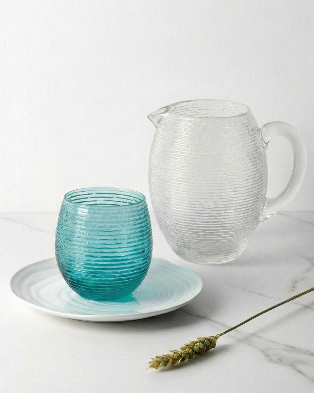 Set mit 6 Gläsern + Krug Reeded Turquoise